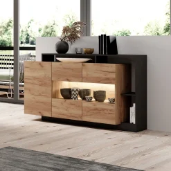 Credenza Marrone Rovere Nero Antracite 7 Ripiani Apertura Battente 155x44x94h cm, 4 Ante - Hafa