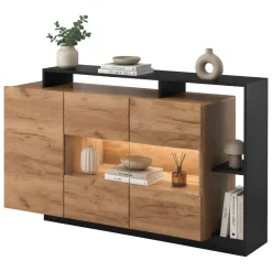 Credenza Marrone Rovere Nero Antracite 7 Ripiani Apertura Battente 155x44x94h cm, 4 Ante - Hafa