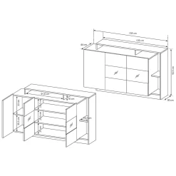 Credenza Marrone Rovere Nero Antracite 7 Ripiani Apertura Battente 155x44x94h cm, 4 Ante - Hafa