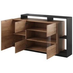 Credenza Marrone Rovere Nero Antracite 7 Ripiani Apertura Battente 155x44x94h cm, 4 Ante - Hafa