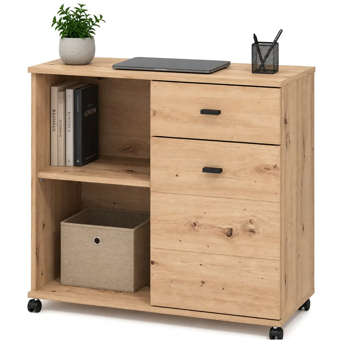 Madie|Credenze > Dmora Credenza 3 Cassetti 2 Ripiani 167x41x77h cm, Apertura Battente - Faggiano Marrone Rovere Nodi