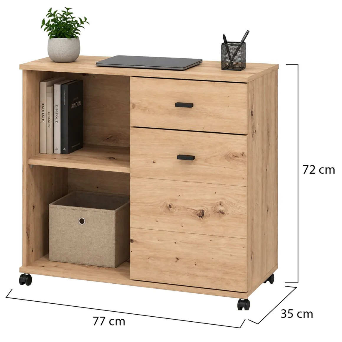 Madie|Credenze > Dmora Credenza 3 Cassetti 2 Ripiani 167x41x77h cm, Apertura Battente - Faggiano Marrone Rovere Nodi