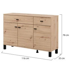 Credenza Marrone Rovere Nodi 3 Ripiani 2 Cassetti 116x35x78h cm, 4 Vani - Jerico