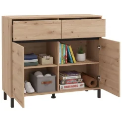 Credenza Marrone Rovere Nodi Nero 2 Cassetti 2 Ripiani 106x40x90h cm, Apertura Battente, Scorrevole - Giarree