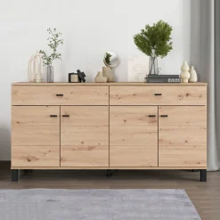 Credenza Marrone Rovere Nodi Nero 2 Cassetti 3 Ripiani 154x35x78h cm, Apertura Battente, Scorrevole - Barich