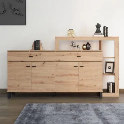 Credenze > Dmora Credenza Marrone Rovere Nodi Nero 2 Ripiani 3 Vani 74x40x135h cm, 2 Ante - Cosoleto Nero, Marrone Rovere Nodi