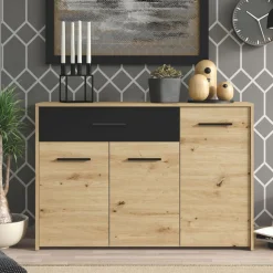 Credenze > Dmora Credenza Marrone Rovere Nodi Nero 3 Cassetti 2 Ripiani 116x35x78h cm, Apertura Battente, Scorrevole - Guatav Nero, Marrone Rovere Nodi