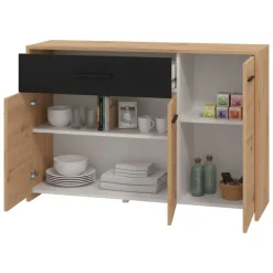 Credenza Marrone Rovere Nodi Nero 2 Ripiani un Cassetto 119x33x80.5h cm, 3 Ante - Sanza