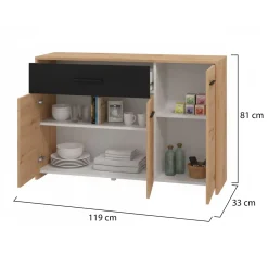 Credenza Marrone Rovere Nodi Nero 2 Ripiani un Cassetto 119x33x80.5h cm, 3 Ante - Sanza