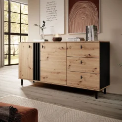 Credenze > Dmora Credenza Marrone Rovere Nodi Nero 3 Cassetti 2 Ripiani 77x35x78h cm, Apertura Battente, Scorrevole - Ollant Nero, Marrone Rovere Nodi