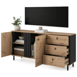 Credenza Marrone Rovere Nodi Nero 3 Cassetti 2 Ripiani 165x40x82h cm, Apertura Battente, Scorrevole - Haradali