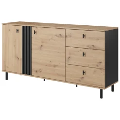 Credenza Marrone Rovere Nodi Nero 3 Cassetti 2 Ripiani 165x40x82h cm, Apertura Battente, Scorrevole - Haradali