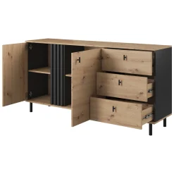 Credenza Marrone Rovere Nodi Nero 3 Cassetti 2 Ripiani 165x40x82h cm, Apertura Battente, Scorrevole - Haradali