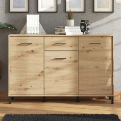 Credenza Marrone Rovere Nodi Nero 3 Cassetti 3 Ripiani 138x40x90h cm, Apertura Battente e Scorrevole - Laerru