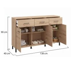 Madie|Credenze > Dmora Credenza Marrone Rovere Nodi Nero 3 Cassetti 3 Ripiani 157x40x90h cm, Apertura Battente e Scorrevole - Giarre Nero, Marrone Rovere Nodi