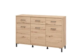 Madie|Credenze > Dmora Credenza Marrone Rovere Nodi Nero 3 Cassetti 3 Ripiani 157x40x90h cm, Apertura Battente e Scorrevole - Giarre Nero, Marrone Rovere Nodi