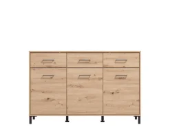 Madie|Credenze > Dmora Credenza Marrone Rovere Nodi Nero 3 Cassetti 3 Ripiani 157x40x90h cm, Apertura Battente e Scorrevole - Giarre Nero, Marrone Rovere Nodi