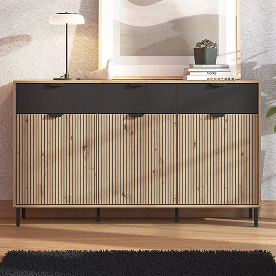 Credenza Marrone Rovere Nodi Nero 3 Cassetti 3 Ripiani 157x40x92.5h cm, Apertura Battente e Scorrevole - Robbio