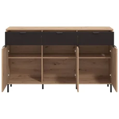 Credenza Marrone Rovere Nodi Nero 3 Cassetti 3 Ripiani 157x40x92.5h cm, Apertura Battente e Scorrevole - Robbio