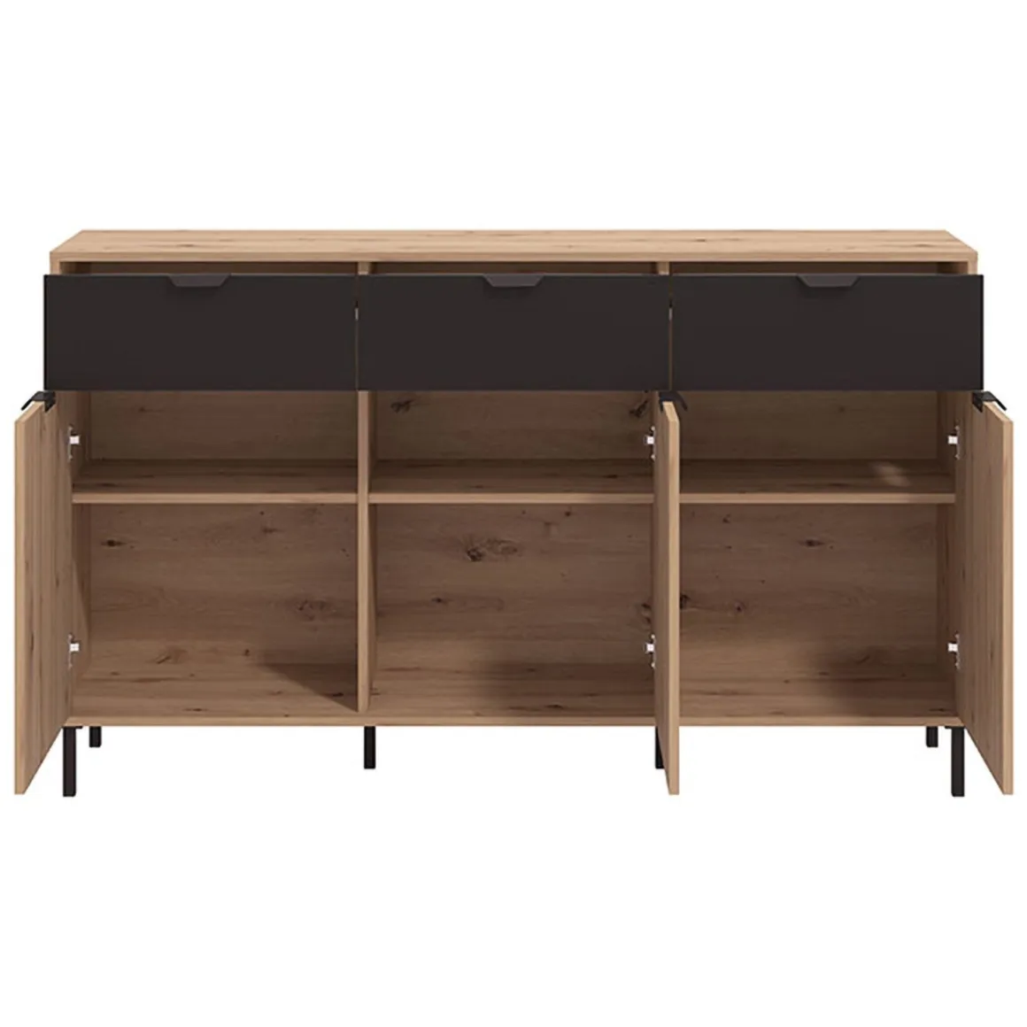 Credenza Marrone Rovere Nodi Nero 3 Cassetti 3 Ripiani 157x40x92.5h cm, Apertura Battente e Scorrevole - Robbio