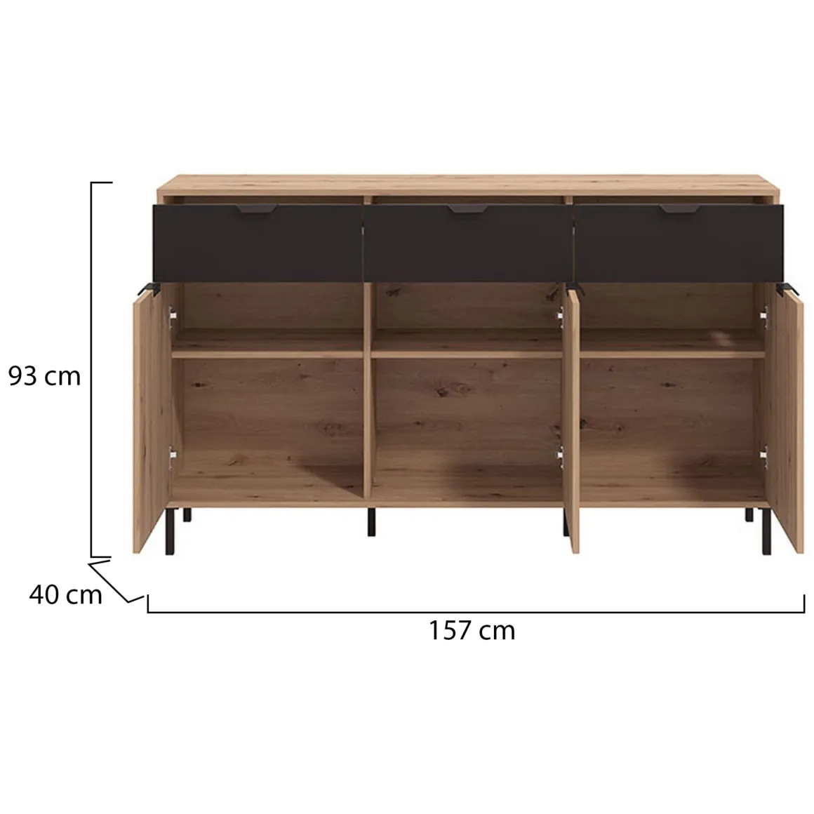 Credenza Marrone Rovere Nodi Nero 3 Cassetti 3 Ripiani 157x40x92.5h cm, Apertura Battente e Scorrevole - Robbio
