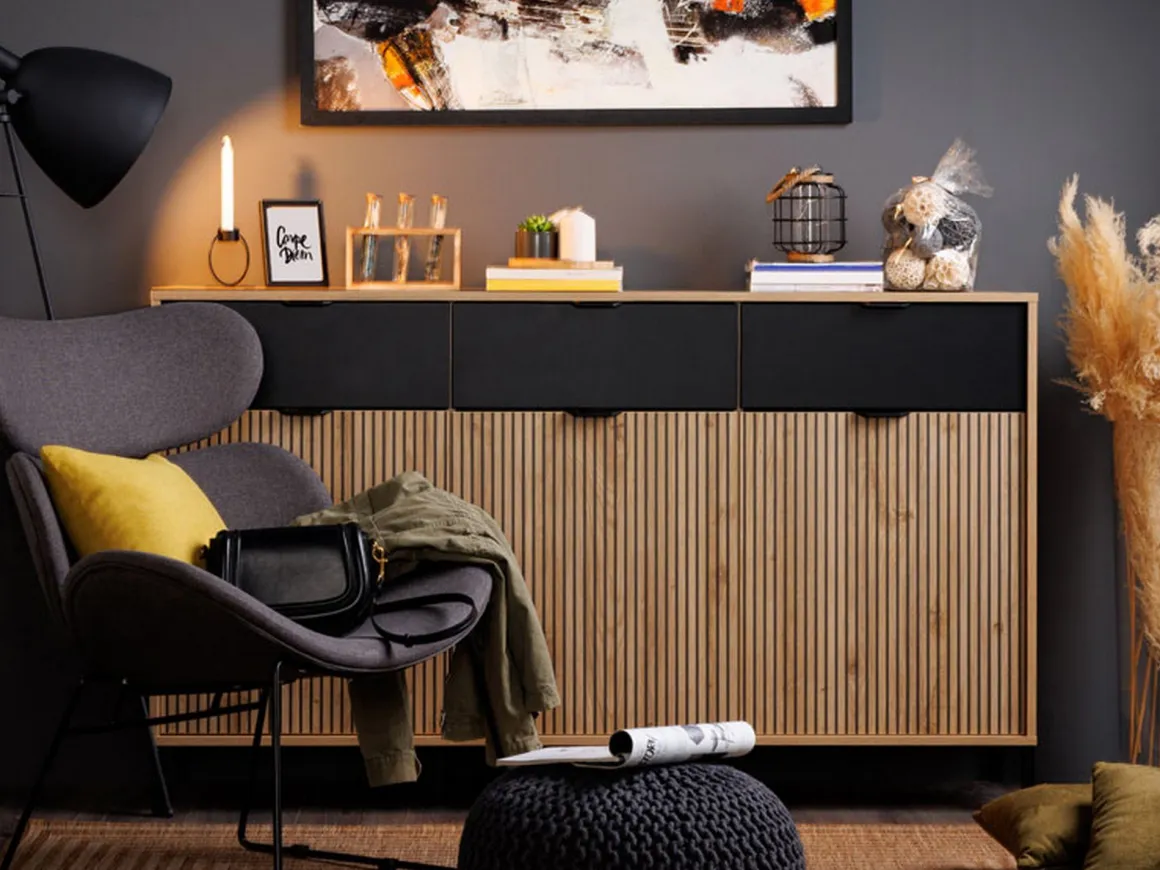 Credenza Marrone Rovere Nodi Nero 3 Cassetti 3 Ripiani 157x40x92.5h cm, Apertura Battente e Scorrevole - Robbio