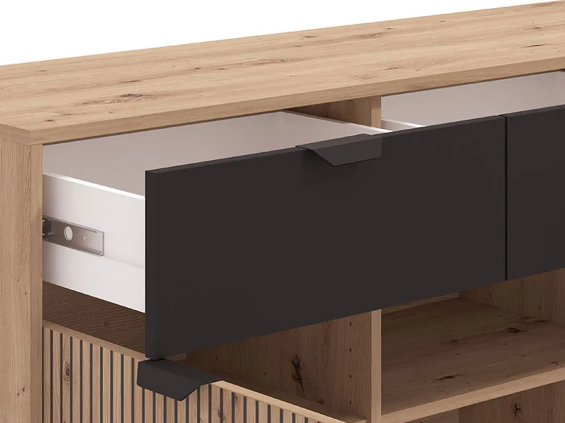 Credenza Marrone Rovere Nodi Nero 3 Cassetti 3 Ripiani 157x40x92.5h cm, Apertura Battente e Scorrevole - Robbio