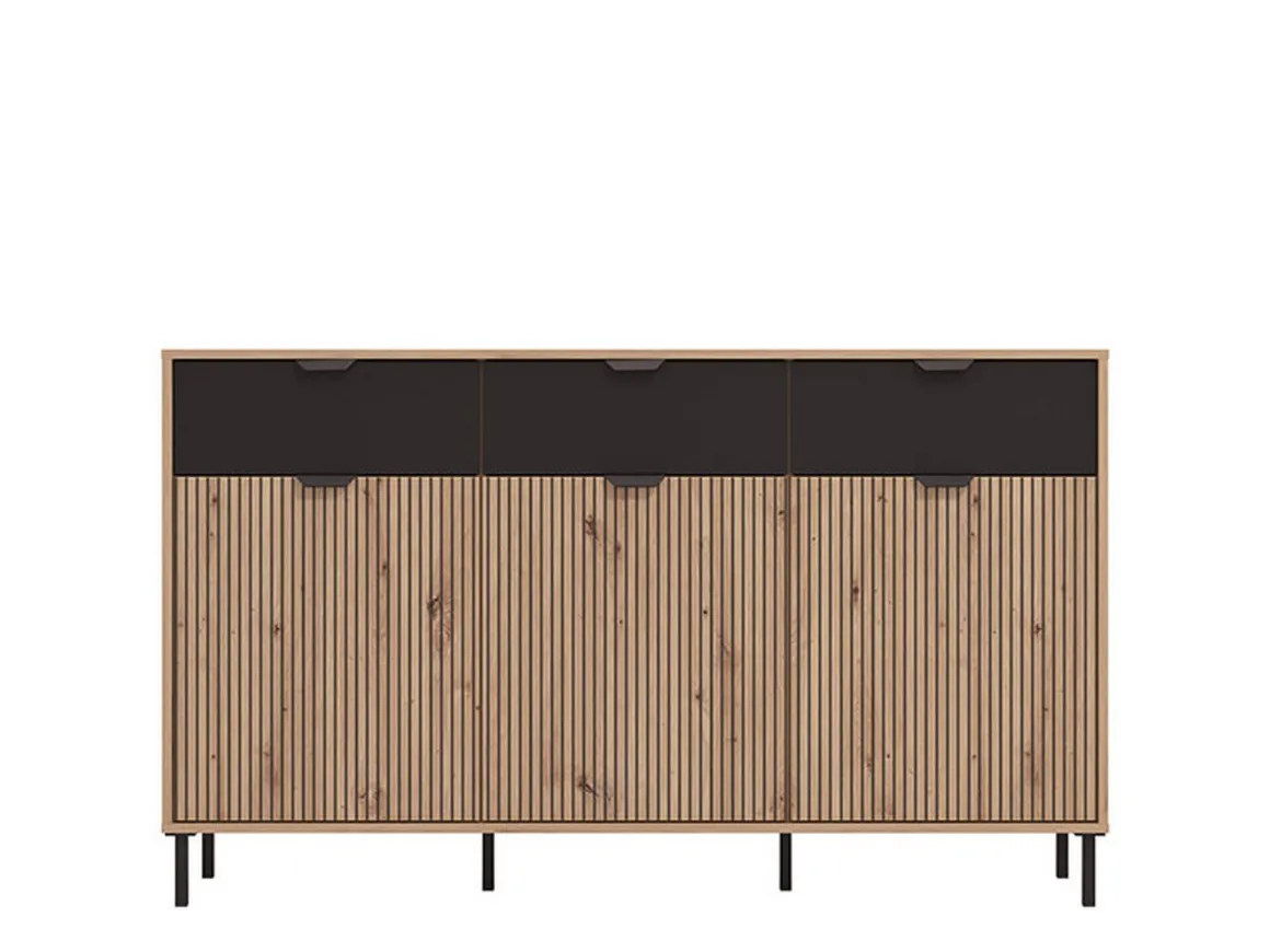 Credenza Marrone Rovere Nodi Nero 3 Cassetti 3 Ripiani 157x40x92.5h cm, Apertura Battente e Scorrevole - Robbio