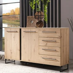 Credenza Marrone Rovere Nodi Nero 4 Cassetti 2 Ripiani 159x42x95h cm, Apertura Battente e Scorrevole - Ceredano