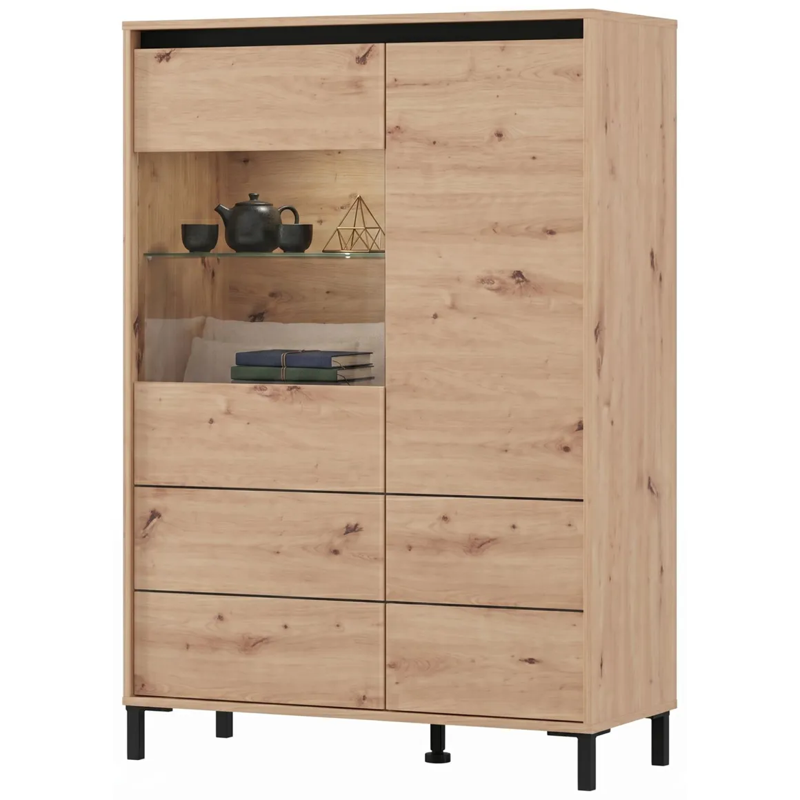Credenze > Dmora Credenza Marrone Rovere Nodi Nero 6 Cassetti un Ripiano 77x35x110h cm, 6 Vani - Otaval Nero, Marrone Rovere Nodi