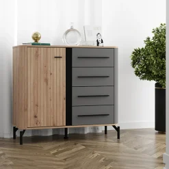 Credenza Marrone Rovere Nodi Nero Antracite 2 Ripiani 4 Cassetti 103x40x94h cm, Un'anta - Carmel