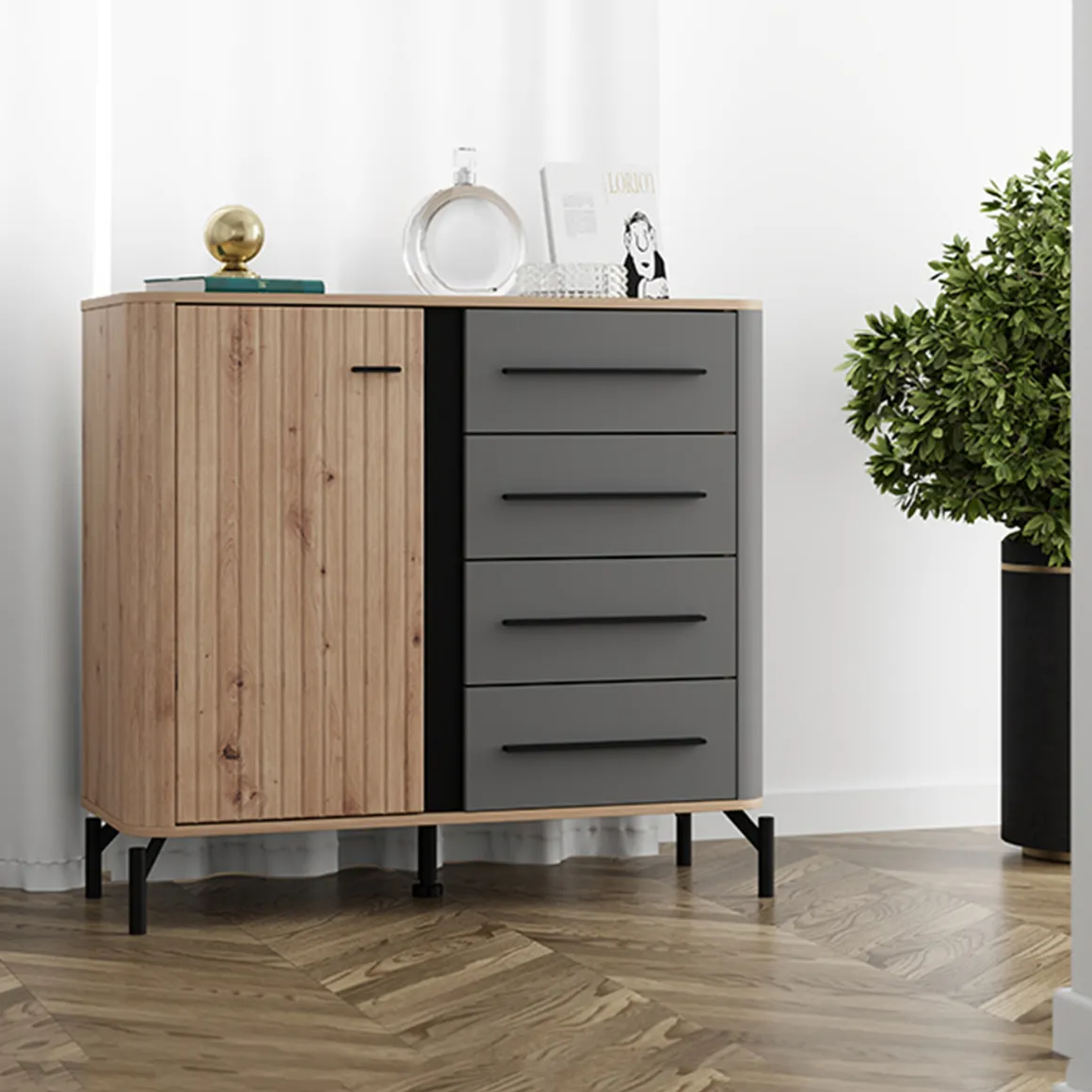 Credenza Marrone Rovere Nodi Nero Antracite 2 Ripiani 4 Cassetti 103x40x94h cm, Un'anta - Carmel