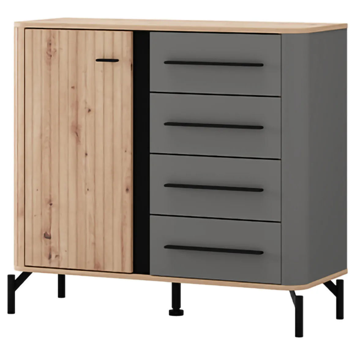 Credenza Marrone Rovere Nodi Nero Antracite 2 Ripiani 4 Cassetti 103x40x94h cm, Un'anta - Carmel