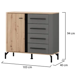 Credenza Marrone Rovere Nodi Nero Antracite 2 Ripiani 4 Cassetti 103x40x94h cm, Un'anta - Carmel