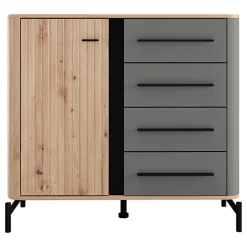 Credenza Marrone Rovere Nodi Nero Antracite 2 Ripiani 4 Cassetti 103x40x94h cm, Un'anta - Carmel