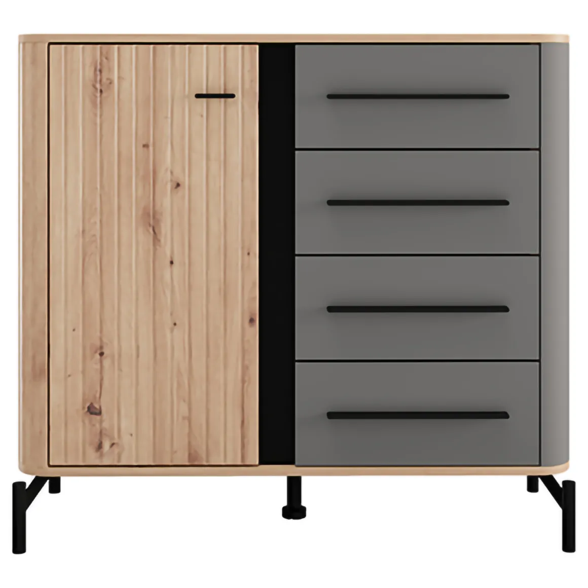 Credenza Marrone Rovere Nodi Nero Antracite 2 Ripiani 4 Cassetti 103x40x94h cm, Un'anta - Carmel