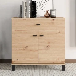 Credenza Marrone Rovere Nodi Nero un Cassetto 2 Ripiani 77x35x78h cm, Apertura Battente, Scorrevole - Pisac
