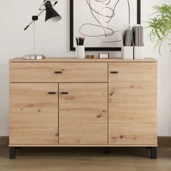 Credenza Marrone Rovere Nodi Nero un Cassetto 3 Ripiani 116x35x78h cm, Apertura Battente, Scorrevole - Uyuni