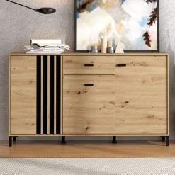 Credenza Marrone Rovere Nodi Nero un Cassetto 3 Ripiani 157x40x90h cm, Apertura Battente e Scorrevole - Guanzate