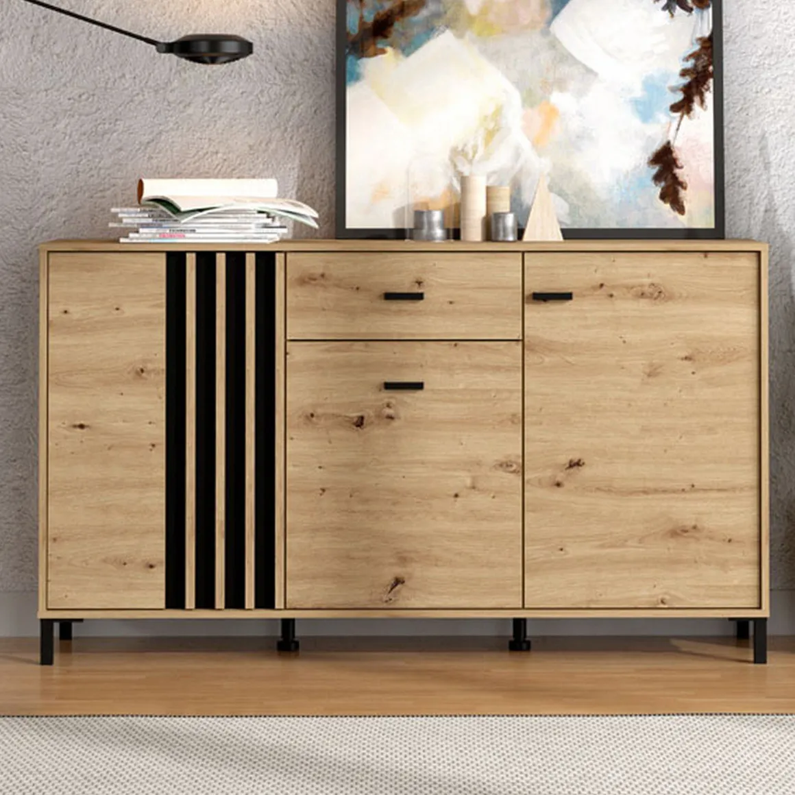Credenza Marrone Rovere Nodi Nero un Cassetto 3 Ripiani 157x40x90h cm, Apertura Battente e Scorrevole - Guanzate