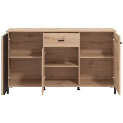 Credenza Marrone Rovere Nodi Nero un Cassetto 3 Ripiani 157x40x90h cm, Apertura Battente e Scorrevole - Guanzate