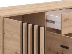 Credenza Marrone Rovere Nodi Nero un Cassetto 3 Ripiani 157x40x90h cm, Apertura Battente e Scorrevole - Guanzate