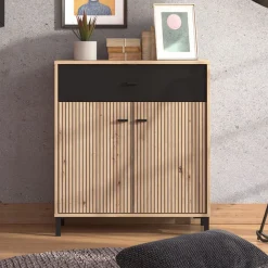 Credenza Marrone Rovere Nodi Nero un Cassetto un Ripiano 80x40x90h cm, Apertura Battente e Scorrevole - Settime