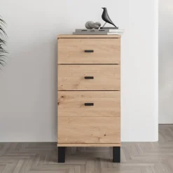 Credenza Marrone Rovere Nodi Nero un Ripiano 3 Cassetti 39x35x78h cm, Apertura Scorrevole - Vilcab