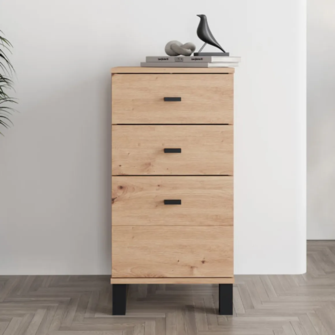 Credenze > Dmora Credenza Marrone Rovere Nodi Nero un Ripiano 3 Cassetti 77x35x78h cm, Apertura Scorrevole - Diani Nero, Marrone Rovere Nodi