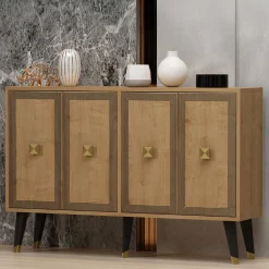 Madie|Credenze > Dmora Credenza Marrone Rovere oro 2 Ripiani 4 Vani 120x30x80h cm, 4 Ante - Luino Oro, Marrone Rovere