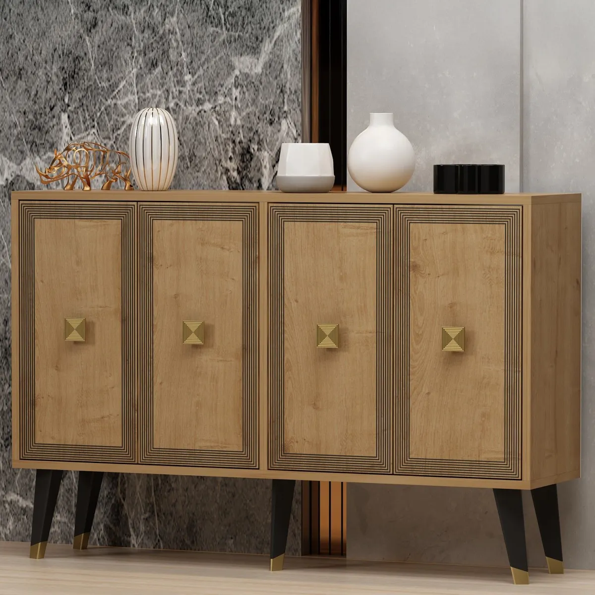 Madie|Credenze > Dmora Credenza Marrone Rovere oro 2 Ripiani 4 Vani 120x30x80h cm, 4 Ante - Luino Oro, Marrone Rovere