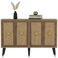 Madie|Credenze > Dmora Credenza Marrone Rovere oro 2 Ripiani 4 Vani 120x30x80h cm, 4 Ante - Luino Oro, Marrone Rovere