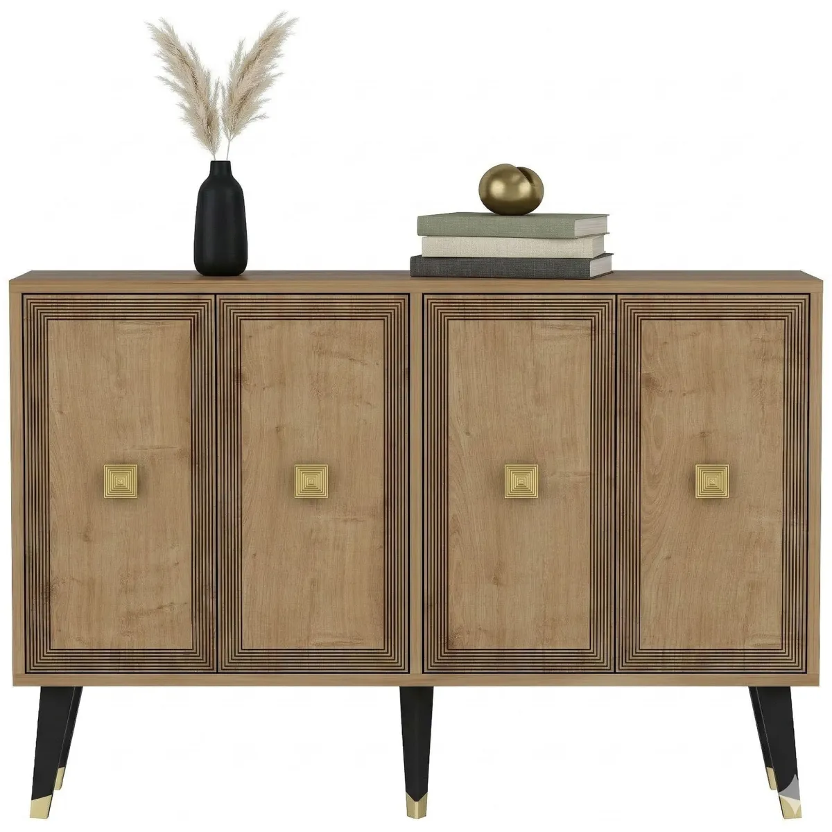 Madie|Credenze > Dmora Credenza Marrone Rovere oro 2 Ripiani 4 Vani 120x30x80h cm, 4 Ante - Luino Oro, Marrone Rovere
