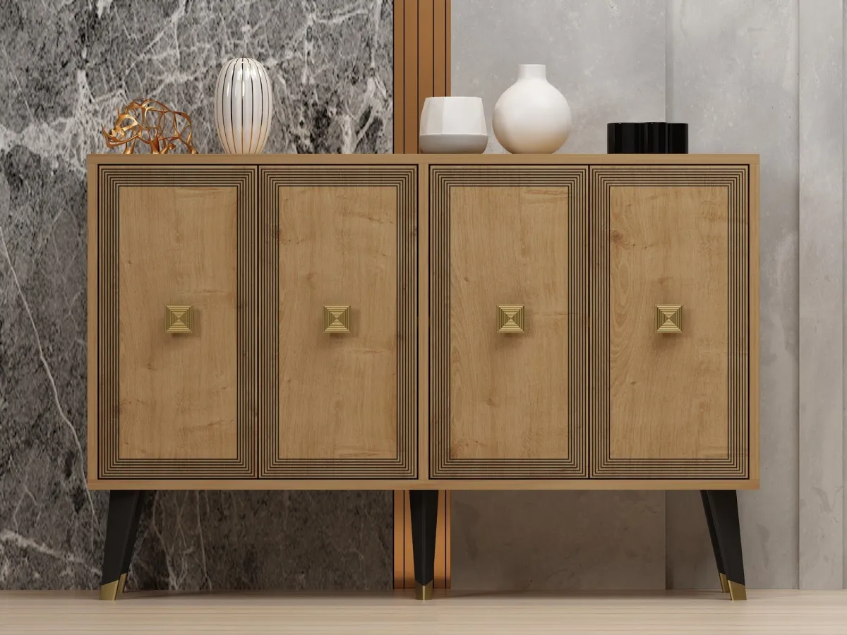 Madie|Credenze > Dmora Credenza Marrone Rovere oro 2 Ripiani 4 Vani 120x30x80h cm, 4 Ante - Luino Oro, Marrone Rovere